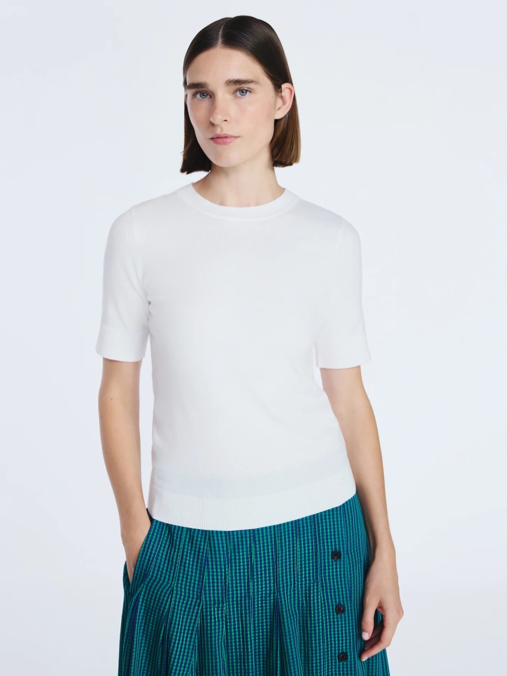 NWT Free Assembly Cozy Yarn Sweater Tee Cream Ribbed Short Sleeve Pullover